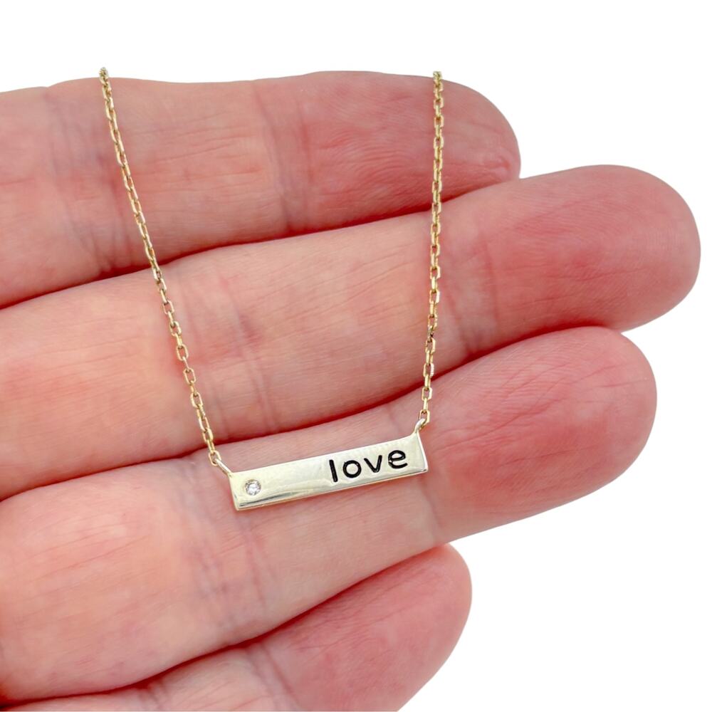 Gold Tone Sterling Silver 925 Love Bar CZ Pendant Necklace 16-18 inch